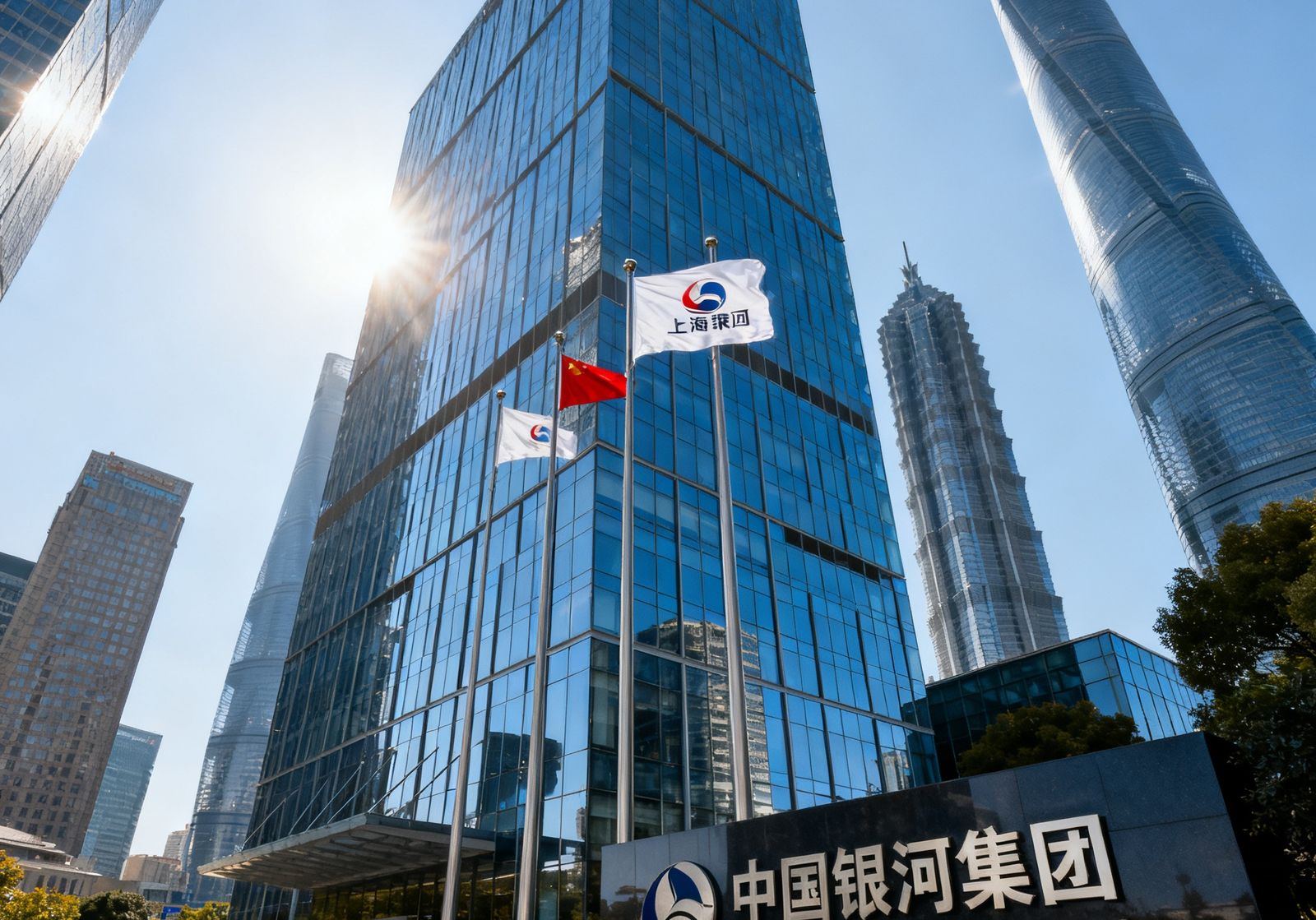 中国银河集团上海总部银河大厦外景，现代玻璃幕墙建筑在陆家嘴金融区矗立，楼前旗杆飘扬集团旗帜